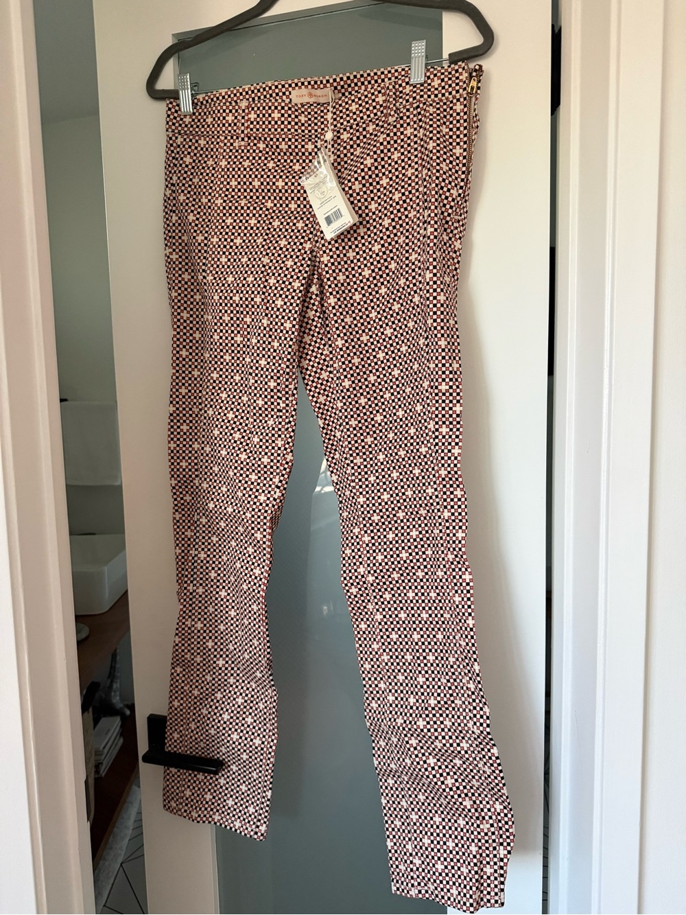 Tory Burch Pink and Black Geo-Print Skinny Pants